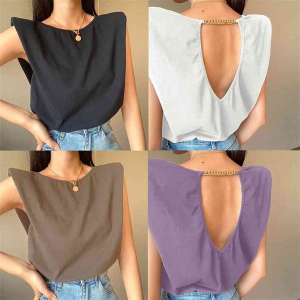 Siyah Rahat Omuz Yastıklı Backless Metal Zincir T-Shirt Bayanlar Yaz Moda O Boyun Kolsuz Gevşek Tshirt Kadın 210522 Tops