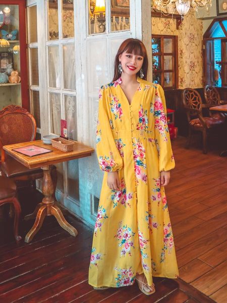 

casual dresses design sense small crowd light luxury holiday temperament button waist closed heart machine v-neck printing long dress, Black;gray