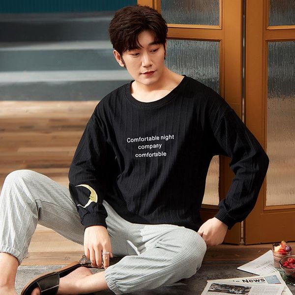 

men's sleepwear men pajamas set autumn winter cute cartoon print soft loose o-neck male nightwear plus size lounge wear mens, Black;brown