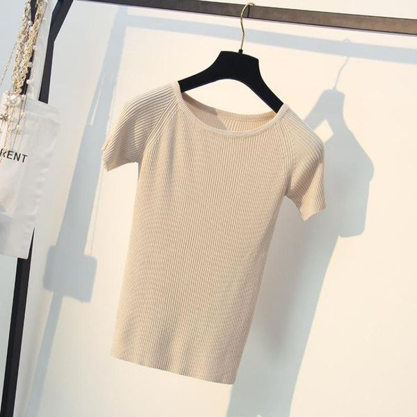 

women's sweaters basic knitting tees women 2021 summer thin o-neck short sleeve knitted high stretch ladies clothings knitwear, White;black
