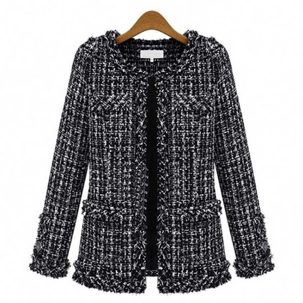 Outono inverno preto preto xadrez solto casaco curto mulheres vintage o pescoço manga comprida borla tweed casaco mais tamanho senhoras casaco casaco 211104