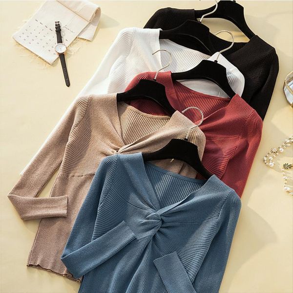 

knitting pullover fashion women sweaters autumn winter chic pink v neck knit slim jumper pull femme, White;black