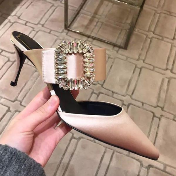 

slippers 2021 fashion luxury crystal women sandals runway brand pointed ladies summer party high heels shoes slides, Black