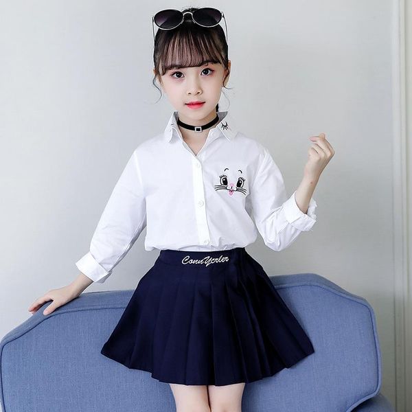 

shirts autumn back to school for girls princess clothes kids long sleeve white blouse cartoon cat flower embroidery, White;black