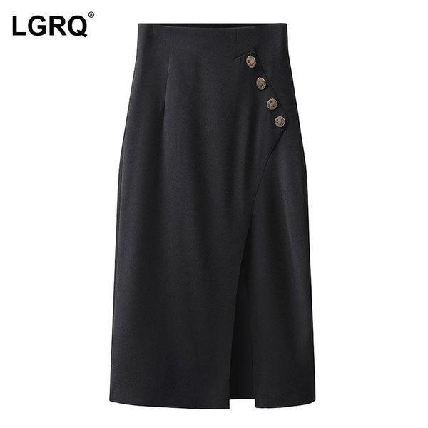 

skirts [lgrq] high elastic waist half-body black split fork button straight mid calf skirt women fashion spring summer 2021 19d778