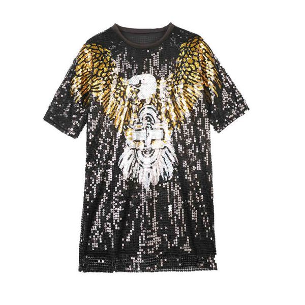 

tee hiphop woman sequined t-shirt dress europe gold wing eagle cartoon tees men unisex, White