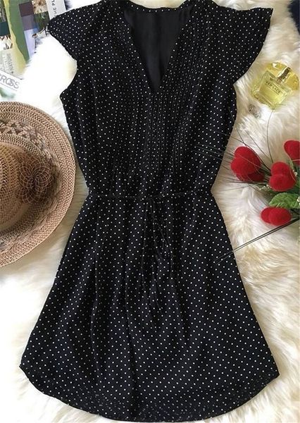 

casual dresses mini women summer drawstring fashion dot v-neck polka female vestidos 1bv6, Black;gray