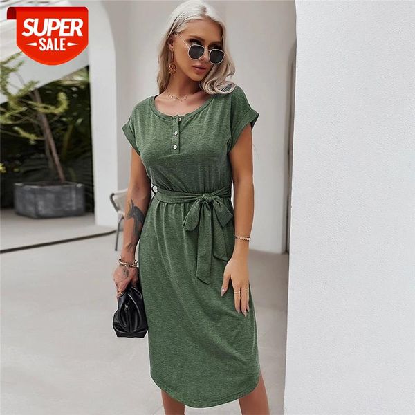 

2021 Spring New Solid Knitted Dress Women Casual Short Sleeve O Neck Button Bandage Dress For Women High Waist Summer #C55K, White;black