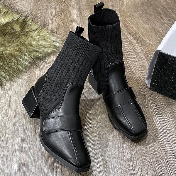 

boots stylish stitching socks women stretch fabric + pu leather splicing square heel ankle shoes woman boats mujer 2021, Black