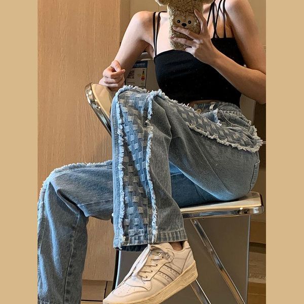 

women's jeans women fashion design sense spring autumn size high waist slimming hanging feeling wide leg straight denim pants, Blue