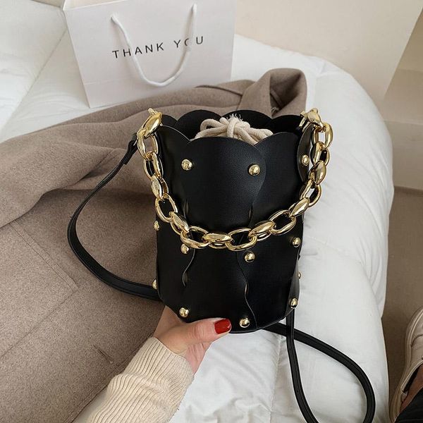 

cross body luxury design ladies rivet chain crossbody bags fashion pu leather women drawstring bucket shoulder bag female small handbags