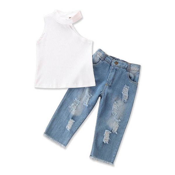 

kids clothing sets girls outfits baby clothes child suit summer cotton girl hole denim jeans pants 2pcs b6868, White