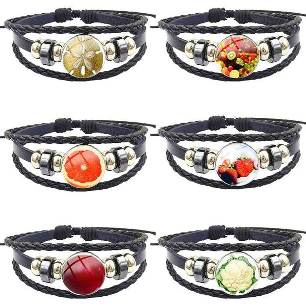 

charm bracelets steampunk jewelry glass cabochon black leather bracelet bangle for girls wholesale fruit pineapple strawberry tomato, Golden;silver
