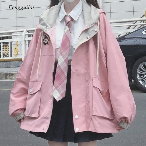 

winter japanese women's casual street wear loose pockets long-sleeved hooded big size fashion vintage harajuku jacket jackets, Black;brown