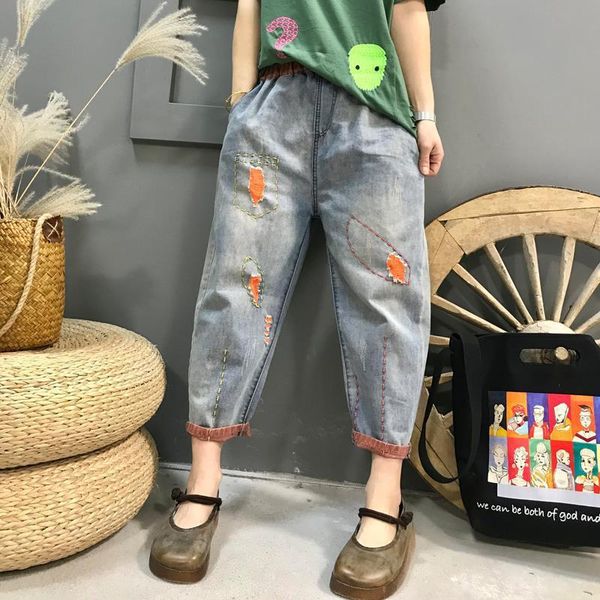 

women's jeans spring summer arts style women vintage patchwork embroidery ripped all-matched casual loose denim harem pants s978, Blue