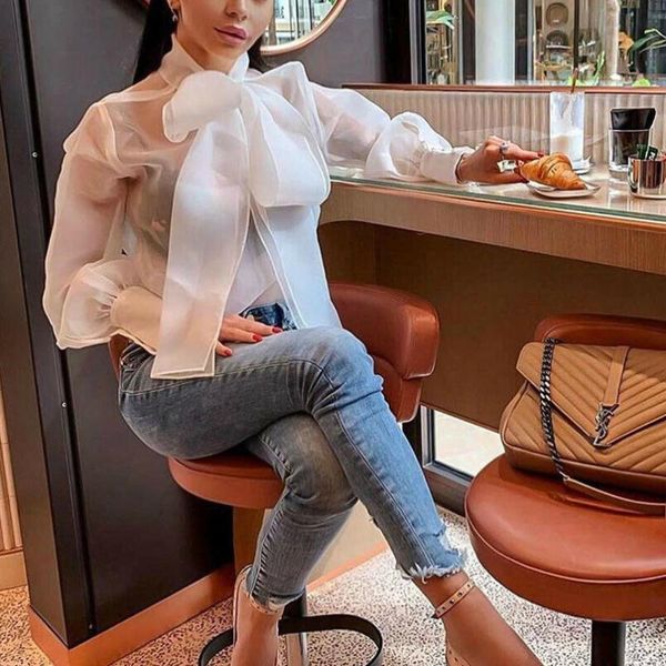 

women's blouses & shirts elegant women sheer mesh blouse see-through lace up big bowknot solid vogue lady high street puff long sleeve, White