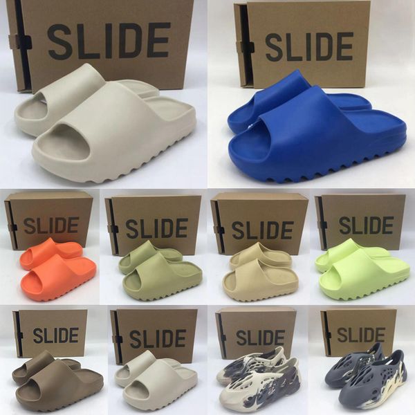 

2022 with box kanye summer slides mens fashion slipper fluorescent green bone resin desert sand moon grey earth brown women sandal sneakers, Black