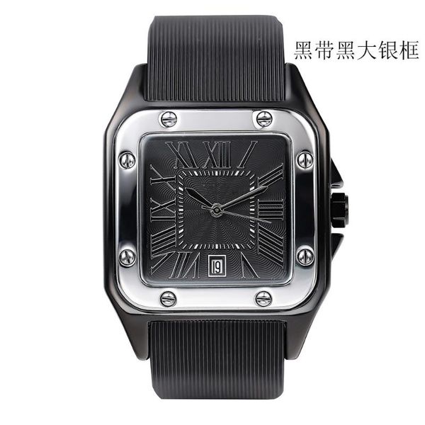 

wristwatches square calendar rubber strap lover quartz watch, Slivery;brown