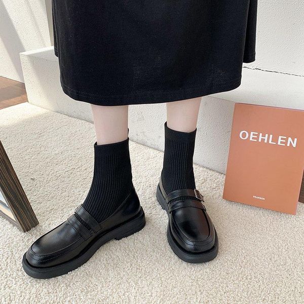 

elastic farbic square heel sock boots women short fashion round toe platform flats boot autumn spring shoes winter, Black