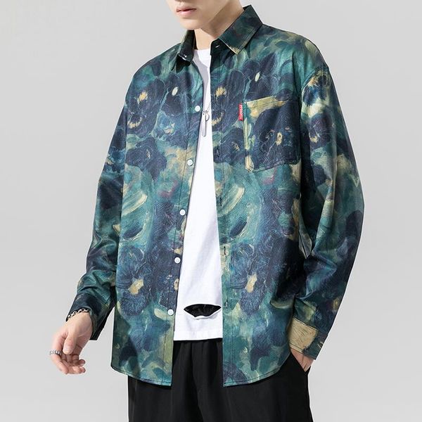 

men's casual shirts 2021 autumn painting camouflage printed long sleeve korean fashion soft and comfort, White;black