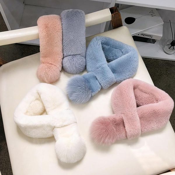 

scarves winter fur plush thick warm scarf and female autumn solid color ball cross student children, Blue;gray