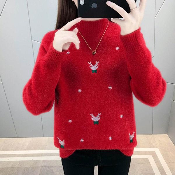 

women's sweaters ebaihui christmas woman deer embroidered mock neck pullover faux mink cashmere fleece winter clothes women jumper, White;black