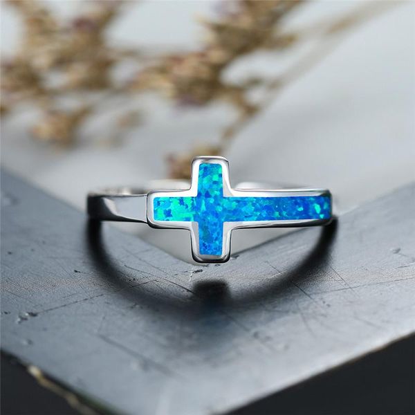 

wedding rings boho female blue fire opal finger ring elegant silver color love engagement fashion promise cross for women, Slivery;golden