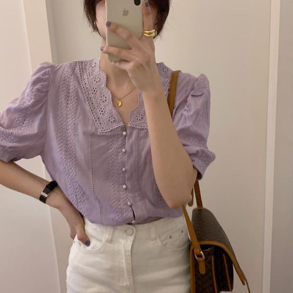 

comelelegant lace hollow out blouses 2021 summer korean style shirt women puff sleeve purple blouse femme blusas women's & shirts, White