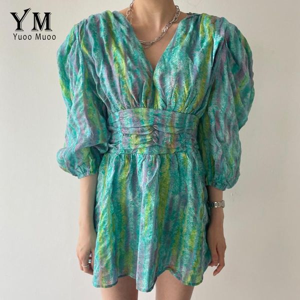 

casual dresses yuoomuoo v neck elegant autumn mini dress three quarter sleeve female high waist green tie dye print women blue vestidos, Black;gray