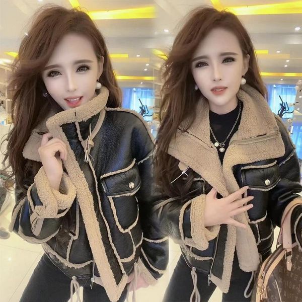 

women's leather & faux lamb wool coat winter motorcycle pu short jacket thick black zipper female fleece cashmere warm windproof