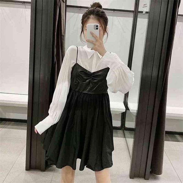 

fashion black pu leather patchwork mini dress women spaghetti strap pleated party es sleeveless backless short 210515, Black;gray