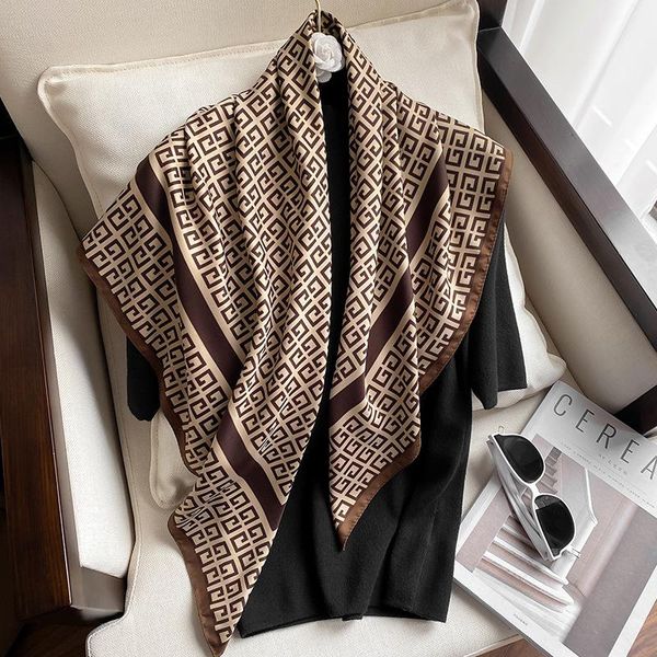 

scarves luxury 90x90cm silk scarf brand designer hair print head 2022 large handkerchief hijab shawl for women, Blue;gray