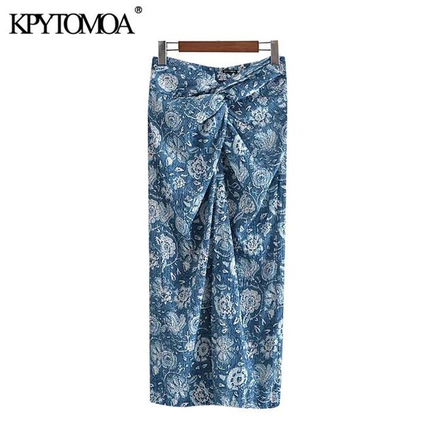 

skirts kpytomoa women 2021 fashion with knot printed front vent midi skirt vintage high waist back zipper female mujer, Black