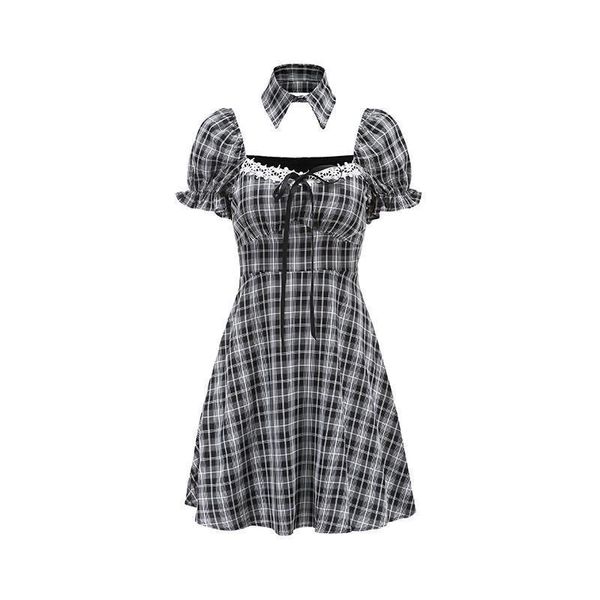 

casual dresses qweek plaid sundress woman summer grunge dress 2021 vintage harajuku mini backless staple party short puff sleeve, Black;gray