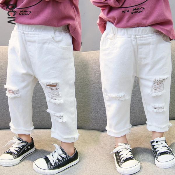 

jeans spring autumn baby girls ripped children kids broken hole pants white color elastic waist denim, Blue
