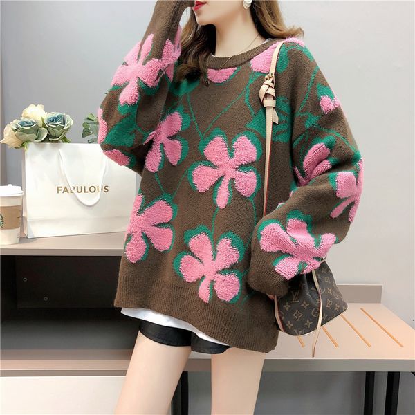 

women's t-shirt autumn winter womens' thick o-neck casual pullover flowers patterns sweater korean loose cashmere blend floral kni, White
