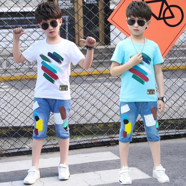 

clothing sets 2021summer boys kids short sleeve t-shirts+denim pants 2pcs children clothes suit teen tracksuit 4 6 8 10 12, White