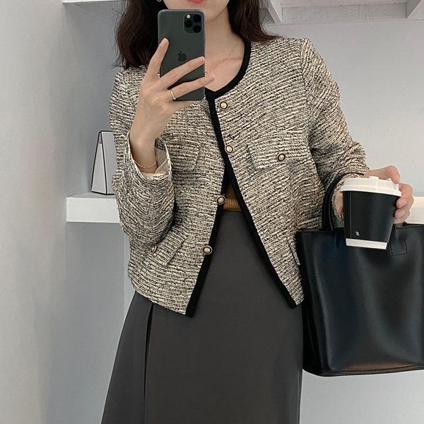 

women's wool & blends autumn winter french tweed cardigan single breasted coat round neck women jacket casual streetwear clothes, Black