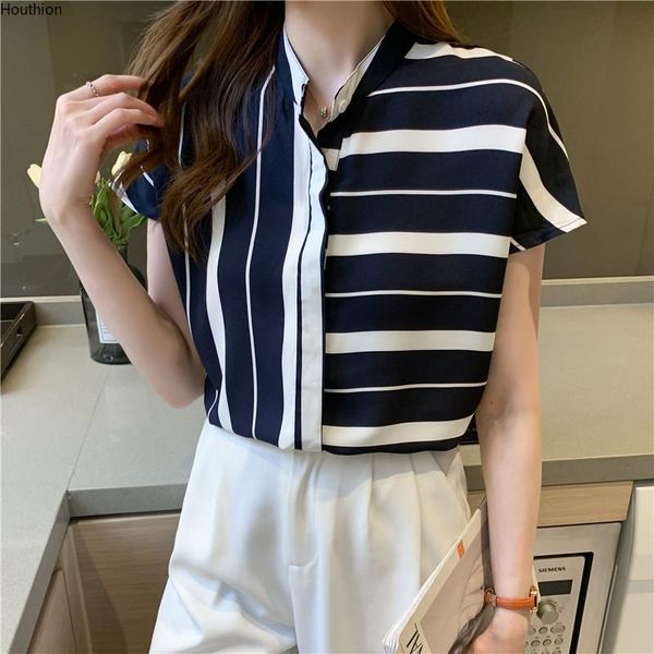 

women's blouses & shirts houthion chiffon slim fashion short sleeve casual blouse stripe v-neck buttons shirt summer, White