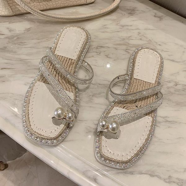 

pearl flip flops women crystal strap slippers square toe summer shoes slip on sole slides 2021 brand, Black