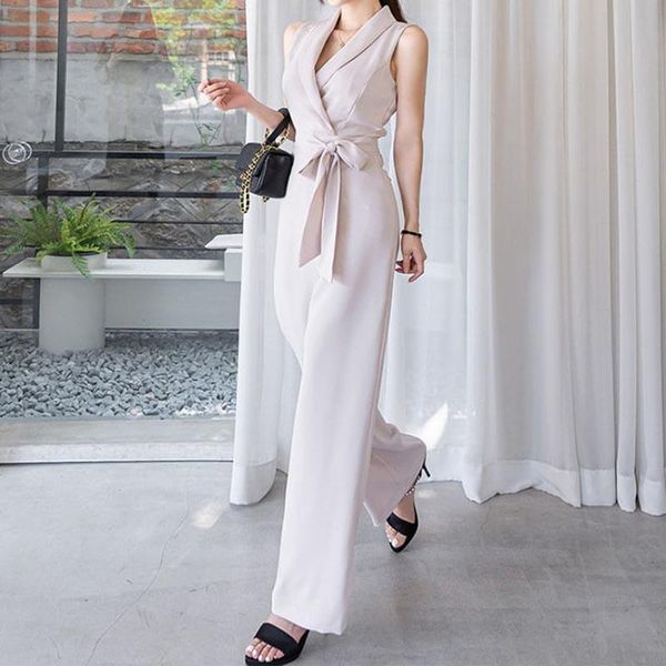 

jumpsuit summer style elegant sleeveless birthday outfits temperament rompers womens belted waist suit collar bodysuit women's jumpsuit, Black;white