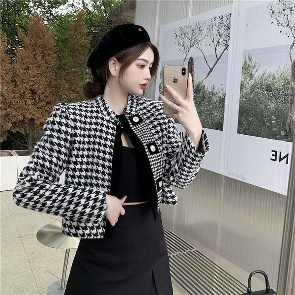 

women's jackets houndstooth vintage tweed jacket coat women 2021 autumn winter fashion office woolen oversize female short outerwear, Black;brown