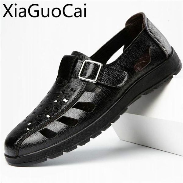 

summer genuine leather mens sandals breathable hollow out classic flat solid rubber male casual, Black