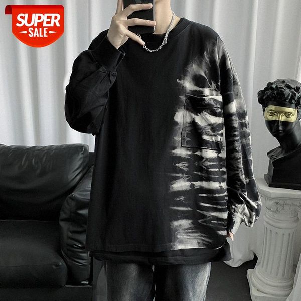 

hong kong style tie-dye crewneck sweater men's korean version of the trend casual couples loose hedging bottoming clothes #us4t, Black