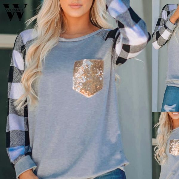 

women sweatshirt hoodie womens o neck long sleeves plaid print sequins splicing easy s 2xl, Black