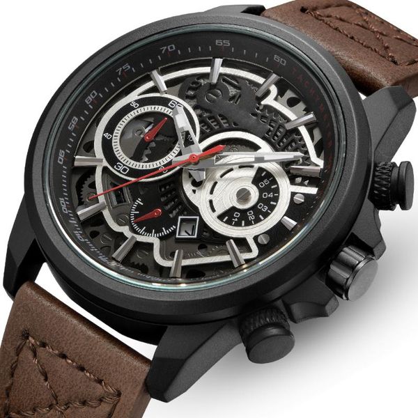 

wristwatches oyalie fashion brand men leather sports watches men's army military skeleton wristwatch man quartz clock relogio masculino, Slivery;brown