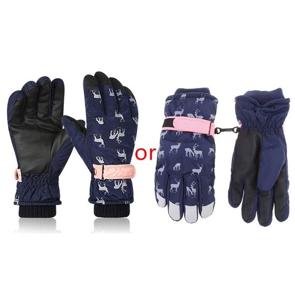 

five fingers gloves women men winter waterproof snow ski cartoon deer print thermal plush lined adjustable outdoor sports cycling windproof, Blue;gray