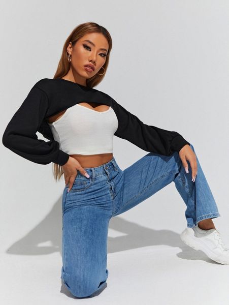 

petite solid round neck super crop pullover without camisole y1bq#, White;black