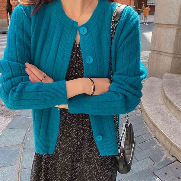 

autumn winter casual single breasted sweater solid slim o neck full button warm women sweaters 210513, White