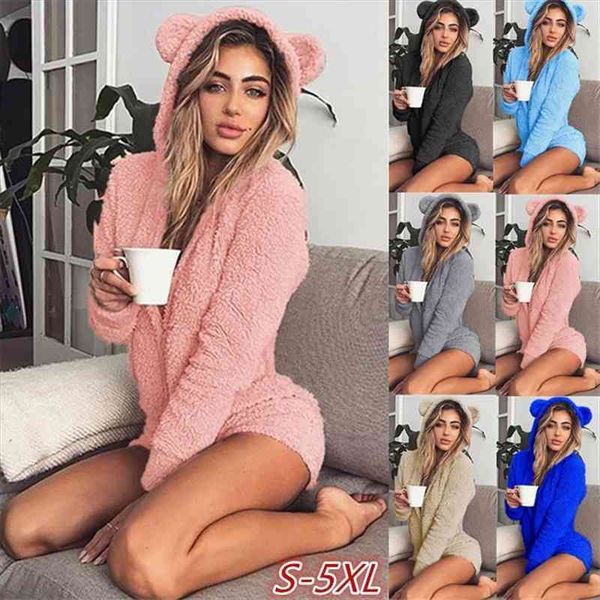 

5xl women jumpsuits fleece pajama bear ear hooded bodysuit shorts winter warm tracksuit streetwear one-piece sleepwear plus size, Black;white